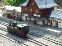 Das Gartenbahnmodell der Lok 99 5901 fährt durch den Nachbau des Bahnhofs Drei Annen Hohne im Miniaturenpark „Kleiner Harz“ in Wernigerode