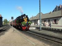 geschmückter Sonderzug mit Lok 99 6001 vor Beginn der Teddybärfahrt im Bahnhof Gernrode (Harz)