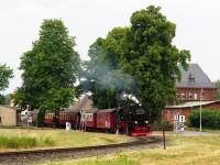 Der Sonderzug Quedlinburg – Nordhausen mit Lok 99 7243 verlässt den Bahnhof Gernrode.