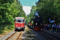Der planmäßige Zug fährt im Bf Sternhaus Ramberg am Sonderzug vorbei.